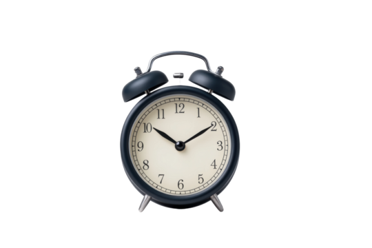 Classic black alarm clock with white face on black background, cut out