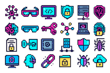 Obraz premium Digital security icons representing online safety, privacy protection, and cyber threats in a colorful pixel art style