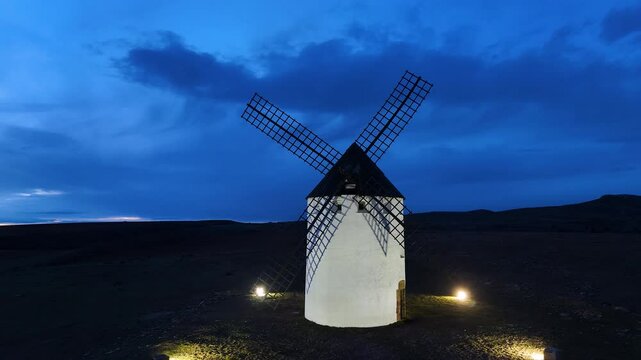 Aerial view from a drone of the Malanquilla village windmill in the municipality of Ciria, Calatayud region, Zaragoza province, Aragon, Spain, Europe