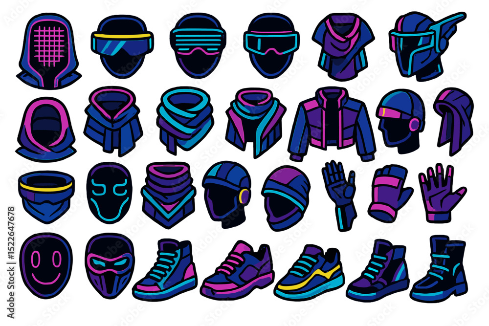 Poster various colorful digital avatars and accessories displayed in a grid layout for creative use and cus