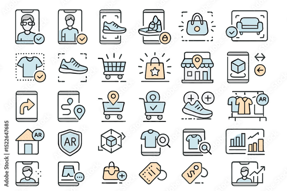 Poster collection of various icons representing modern shopping, technology, and augmented reality in a gri