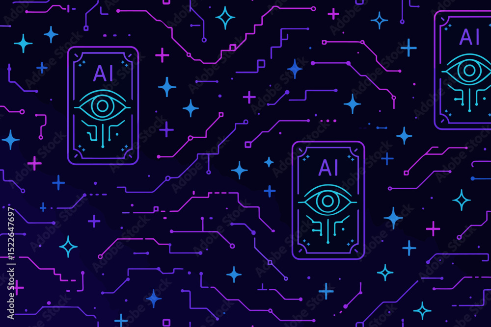 Aufkleber digital pattern featuring artificial intelligence symbols and circuit designs in vibrant colors