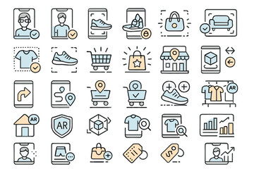 Collection of various icons representing modern shopping, technology, and augmented reality in a grid layout
