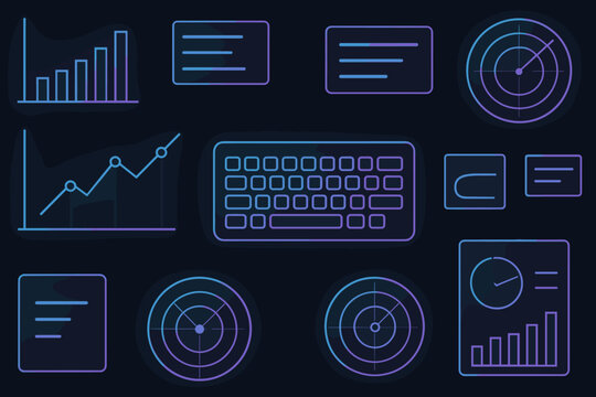 Futuristic digital dashboard featuring graphs, charts, and data representation in vibrant neon colors