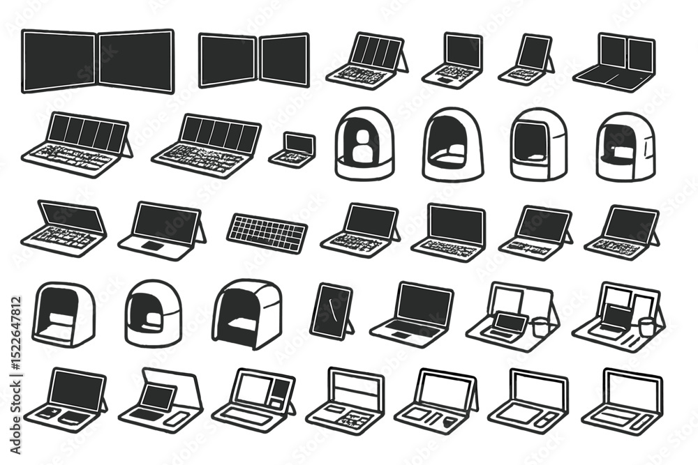 Poster various laptop and portable device designs showcasing modern technology concepts and workspace setup