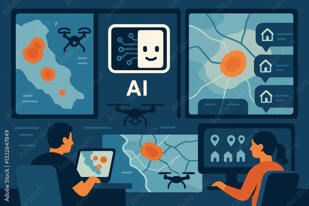 Aufkleber team analyzes ai data as they monitor drone activity on interactive maps