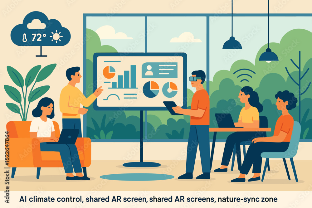 Poster collaboration in a modern office using augmented reality technology to enhance teamwork and data sha