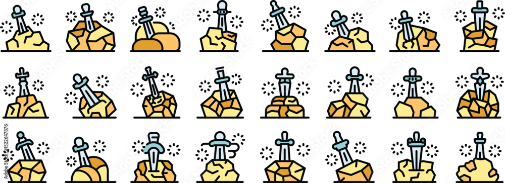 Poster legendary swords in stones sparkling with magic, creating a captivating icon collection representing
