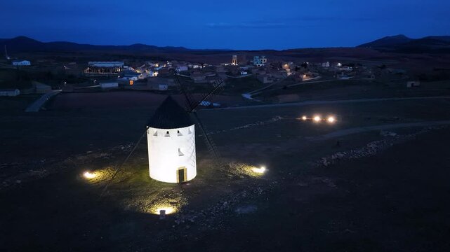 Aerial view from a drone of the Malanquilla village windmill in the municipality of Ciria, Calatayud region, Zaragoza province, Aragon, Spain, Europe