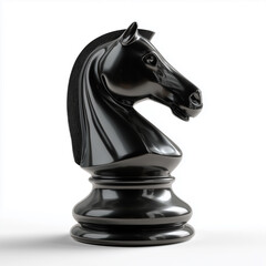 Glossy black chess knight stands out against white background, showcasing intricate design and craftsmanship