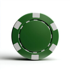 Glossy green poker chip on white background with clear design elements and shiny finish for gaming enthusiasts