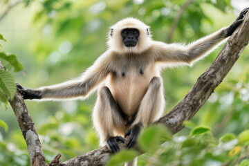 Obraz premium white cheeked gibbon looks intently at the camera concept gibón de mejillas blancas mira atentamente cámara concepto gibbon à joues blanches regarde attentivement concept de l'appareil photo maymun