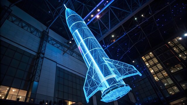 Futuristic rocket ship wireframe illuminated blue
