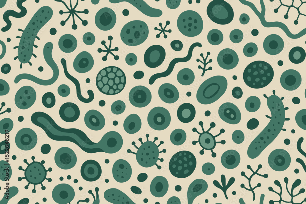 Poster colorful abstract pattern of microorganisms and bacteria in green tones on a light background