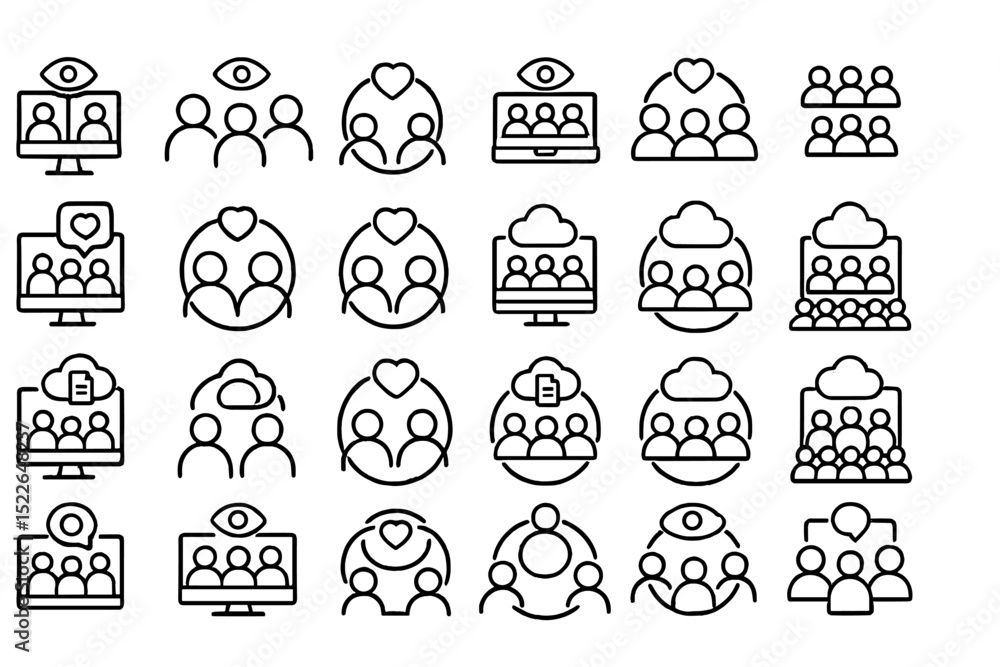 Poster icons representing virtual connections and teamwork in a digital workspace with various interaction 