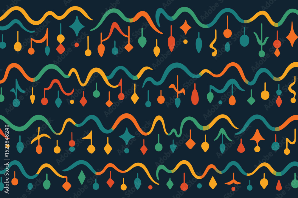 Poster colorful abstract decorative pattern with swirling shapes and geometric elements on dark background