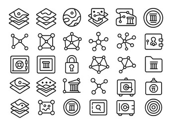 Collection of minimalist icons representing data security, networks, and digital layers in black and white format