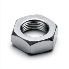 Matte gray metal nut isolated on white background showcasing its hexagonal design and threaded interior
