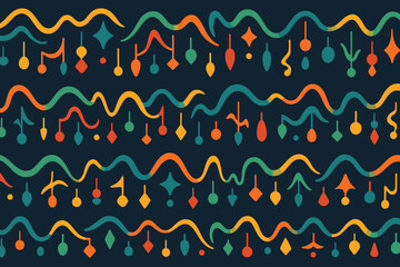 Colorful abstract decorative pattern with swirling shapes and geometric elements on dark background