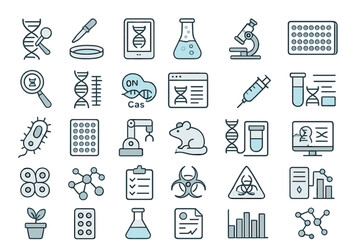 Collection of laboratory icons depicting various scientific concepts and tools in a clear arrangement on a white background