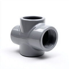 Matte gray PVC pipe fitting viewed on a white background for plumbing and construction applications