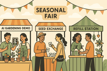 Engaging community at seasonal fair with various booths offering gardening demos and seed exchanges