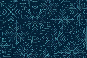 Winter-themed circuit board pattern showcasing intricate snowflake designs on a dark background