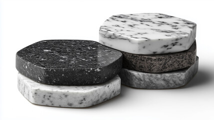 Beautiful set of hexagonal marble finish coasters isolated on white background for home decor and tabletop use
