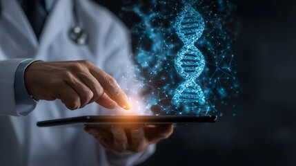 Doctor using tablet with digital medical records and dna hologram interface in modern healthcare technology concept