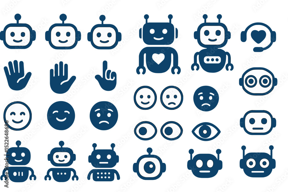 Fototapete various robot emojis showcasing different expressions and gestures in flat design on a simple backgr