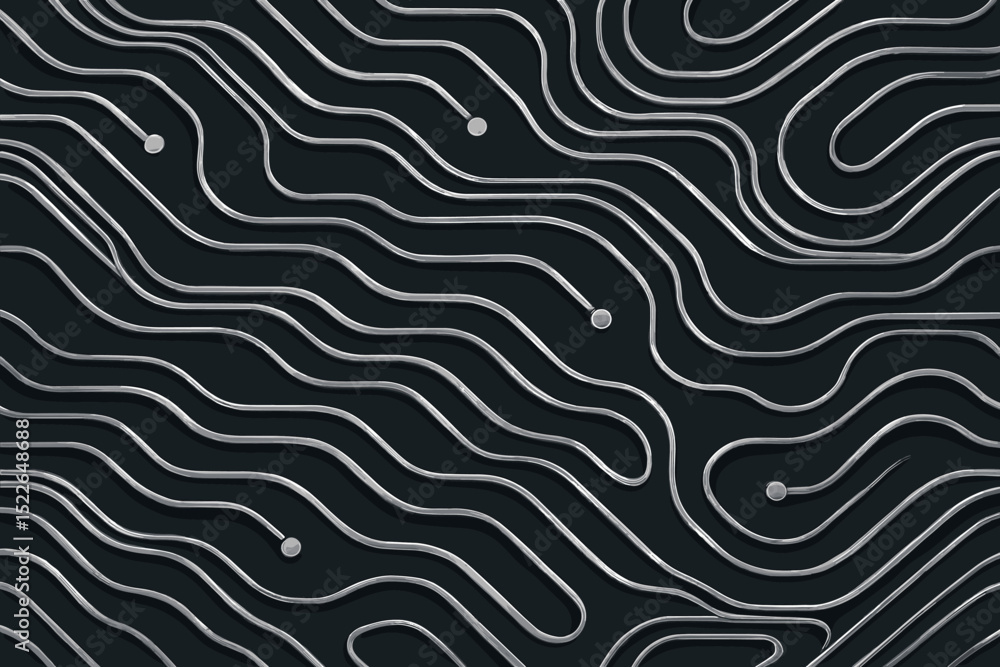 Poster intricate design featuring flowing lines and circular shapes on a dark background with a modern aest
