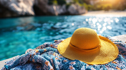 A Relaxing Summer Scene with a Yellow Hat and a Beautiful Beach Background