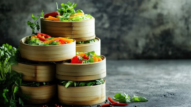 Assorted steamed curry baskets with herbs and spices on a rustic background