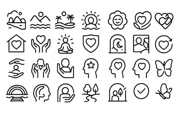 Icons representing love, nature, and well-being in a minimalist style suitable for design projects