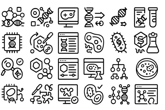Modern biotechnology concepts represented through various scientific icons including DNA, cells, and laboratory equipment