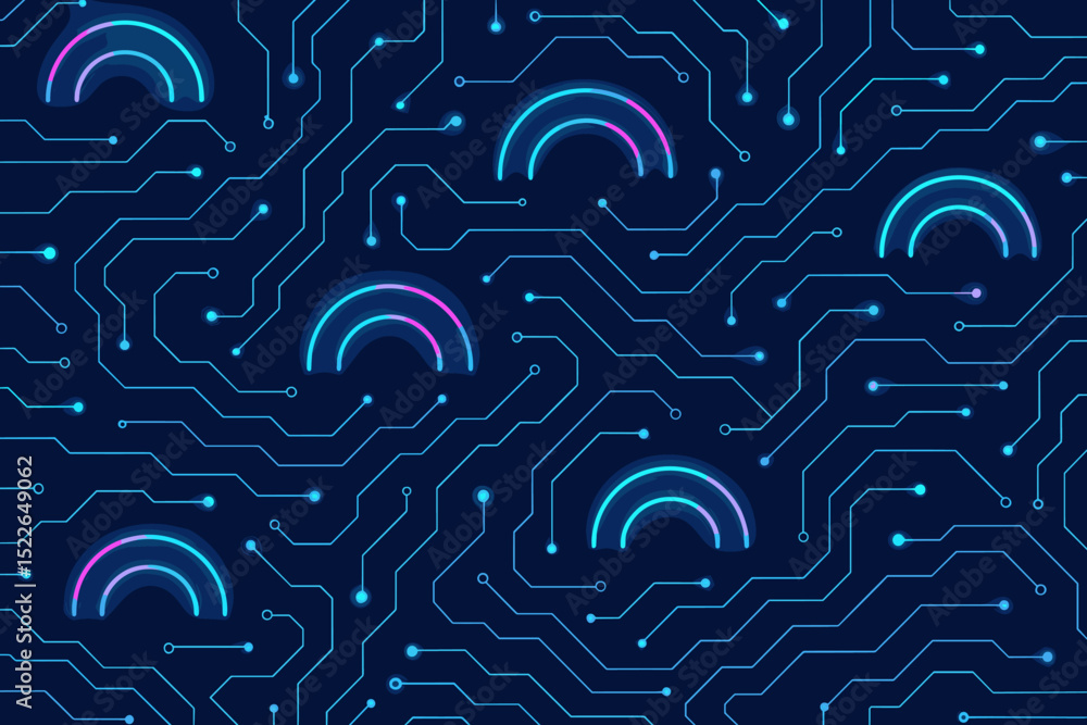 Poster colorful circuit pattern with neon arcs on a dark background highlighting technology and design elem
