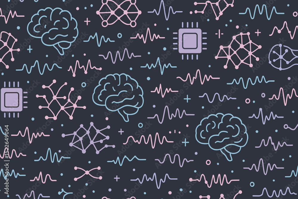 Poster pattern with brain and circuit designs showcasing technology and neuroscience concepts in a modern a