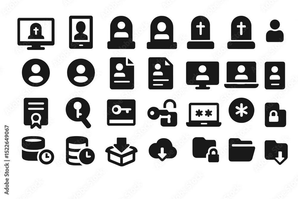 Poster collection of black icons representing various digital security and privacy concepts for creative pr