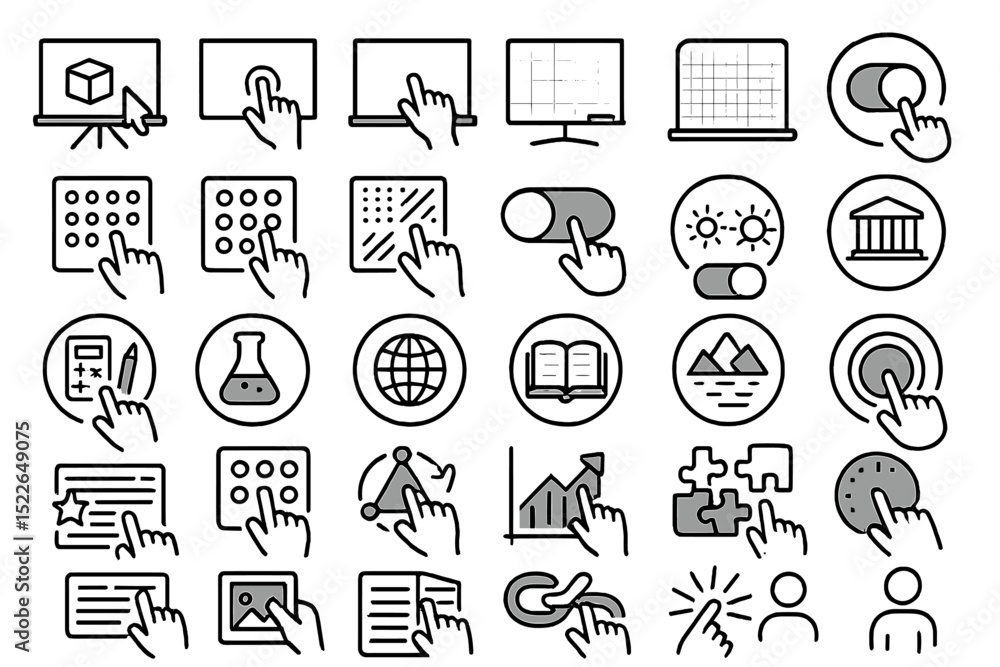 Poster technology icons depicting various actions and interactions with digital devices in a minimalist sty