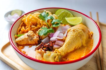 Noodle with chicken curry soup , Thai called  khao soi kai ,Northern food of thailand