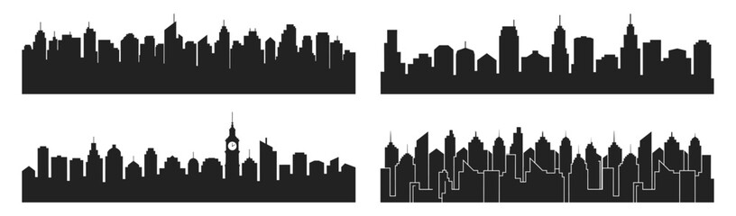 Obraz premium Urban skyline silhouettes with modern skyscrapers cityscape and landmark buildings, vector illustration. Includes clock tower, varied rooflines and architectural forms in black.