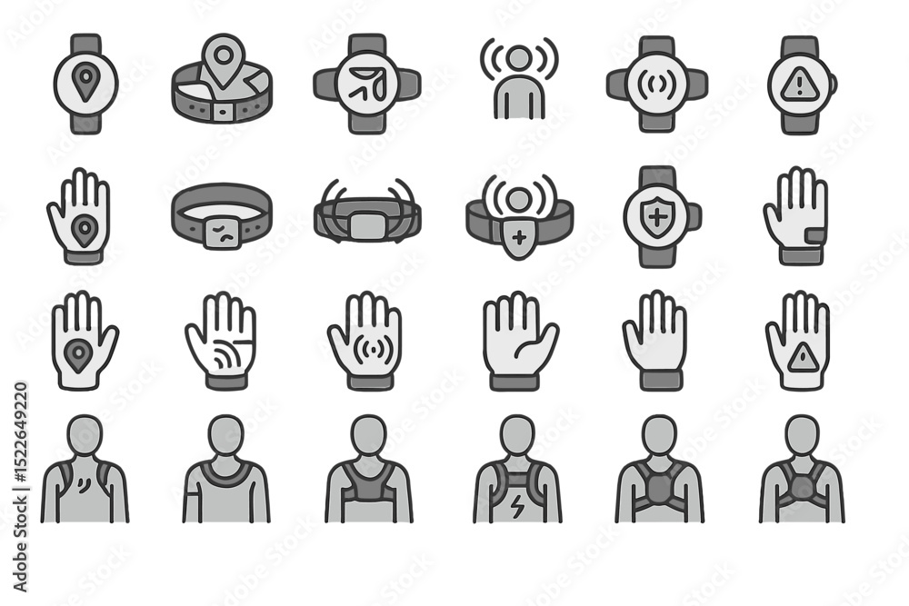 Poster wearable technology icons showing various fitness and health monitoring devices and features includi