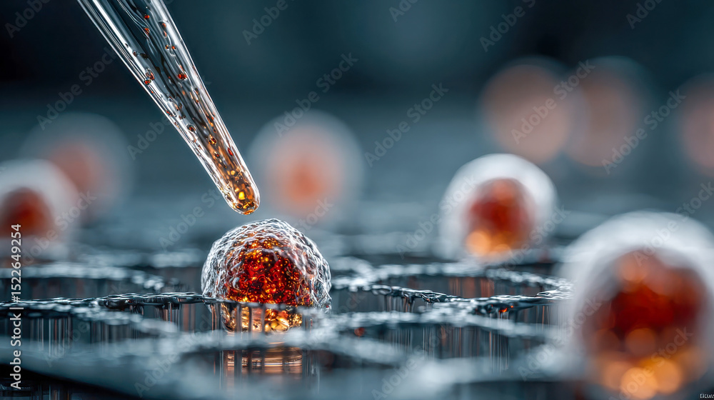 Poster close-up of a scientific dropper dispensing glowing fluid into a lab plate with bokeh background hig