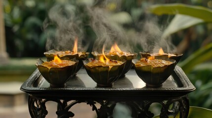 Lightly charred banana leaf curry cups steaming on a metal tray
