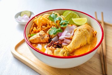 Noodle with chicken curry soup , Thai called  khao soi kai ,Northern food of thailand