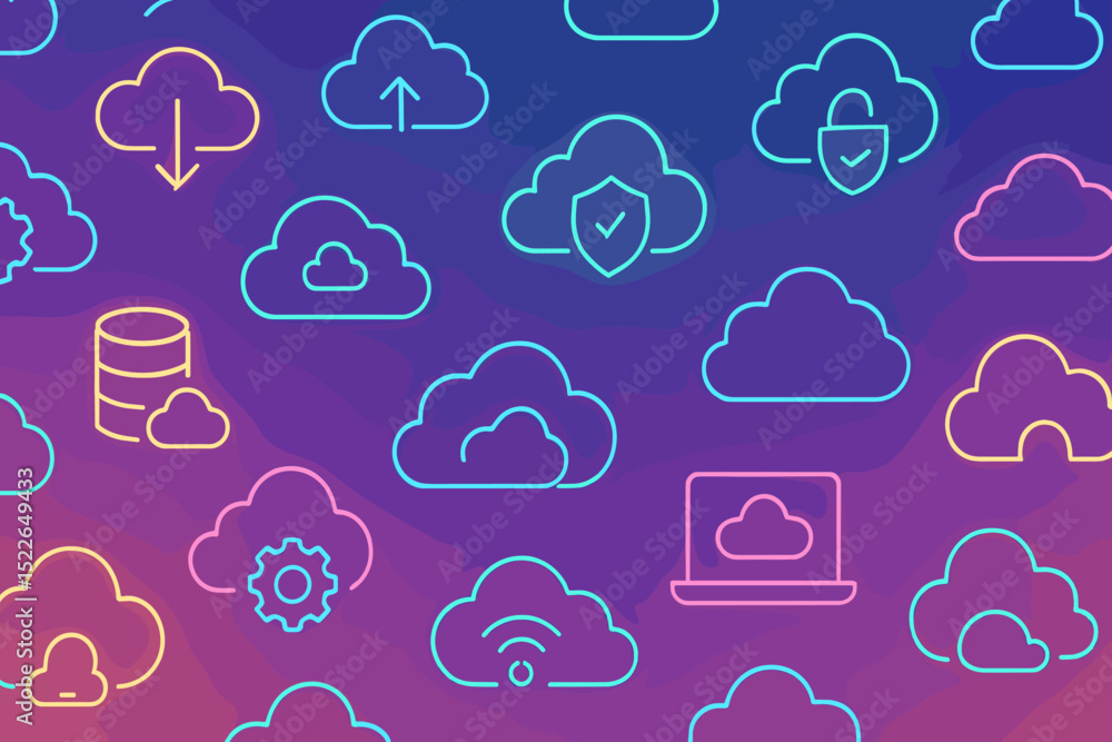 Poster cloud computing icons in vibrant colors on a gradient background showcasing technology and data mana