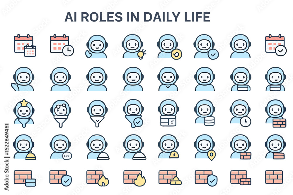 Poster exploring various roles of artificial intelligence in everyday life through icons and symbols