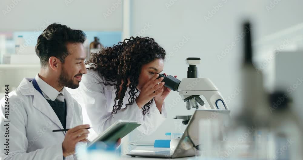 Poster microscope, tablet and research with people in laboratory for science, medical trial or microbiology
