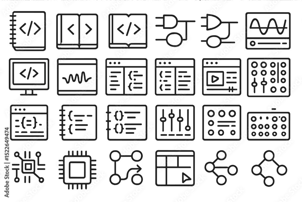Poster illustrations of coding concepts and digital tools in a minimalistic style for educational purposes