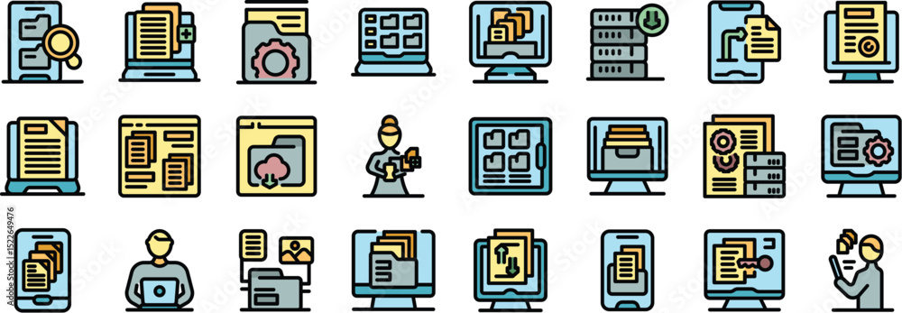 Poster collection of colorful icons representing file management, featuring programmers interacting with di